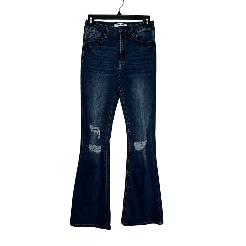 Wax Jean Women Dark Wash High Rise Distressed Flare Jeans Blue Denim